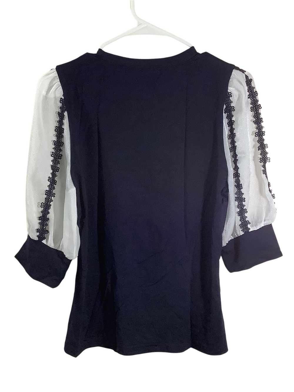 Gracia Navy Knit Top with White Sheer Lace Puff Sleeves - Picture 2 of 9